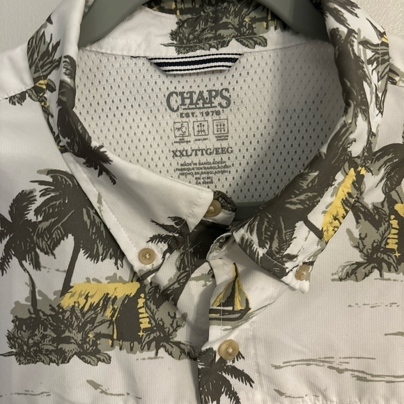 CHAPS XXL HAWAIIAN SHIRT WHITE WITH GREEN PALM TREES 2  POCKETS COLLAR SS - Picture 7 of 11